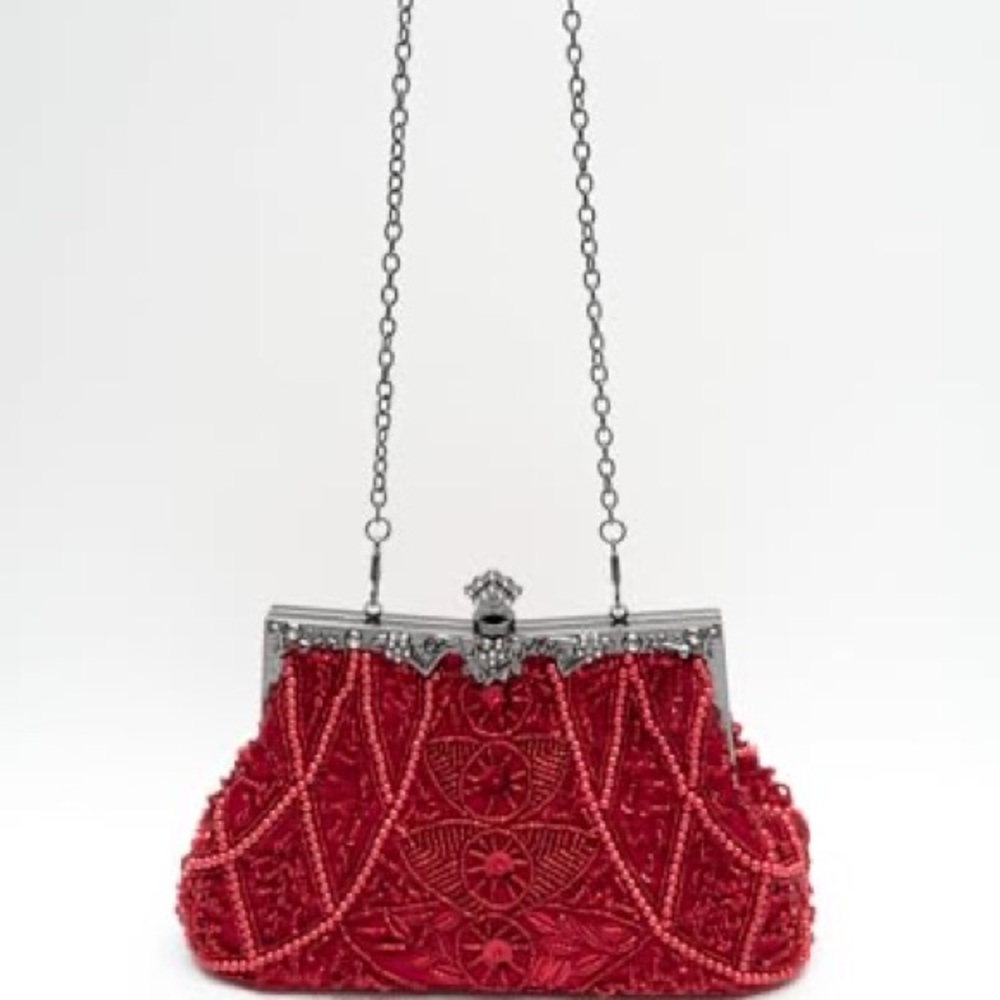 Red Beaded Evening Crossbody Bag with Silver Hardware - Picture 8 of 10